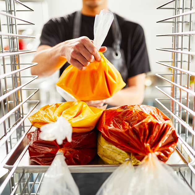 Clipped cook chill bags in a refrigerator